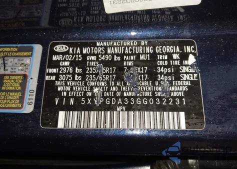 2016 Kia Sorento 2.4L Lx из США, поврежденный, VIN 5XYPGDA33GG032231